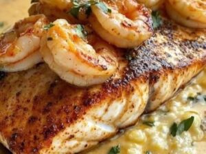 Red Snapper, Shrimp & Grits with a Cajun Cream Sauce 