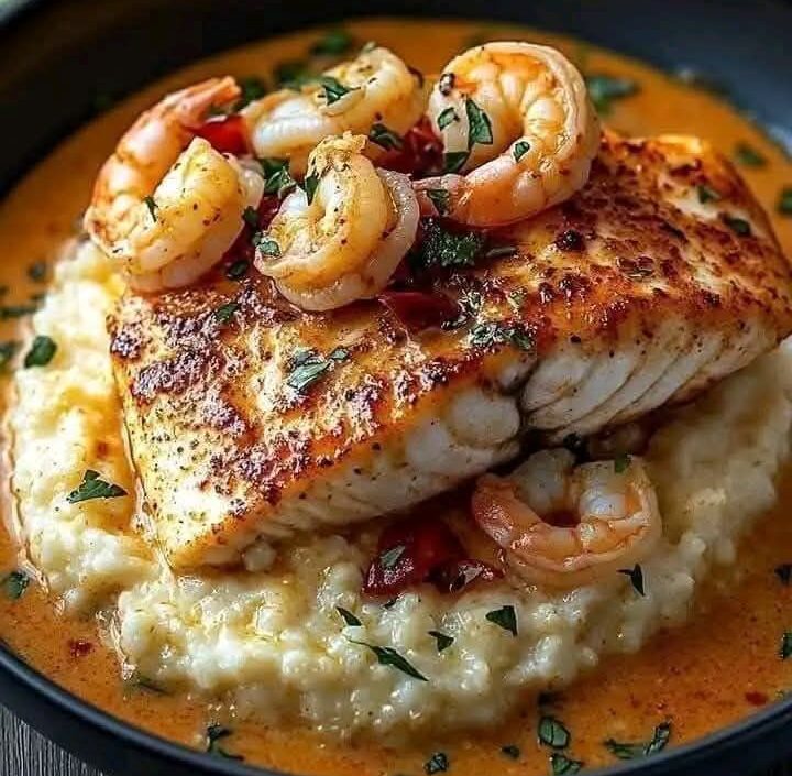 Red Snapper, Shrimp & Grits with a Cajun Cream Sauce