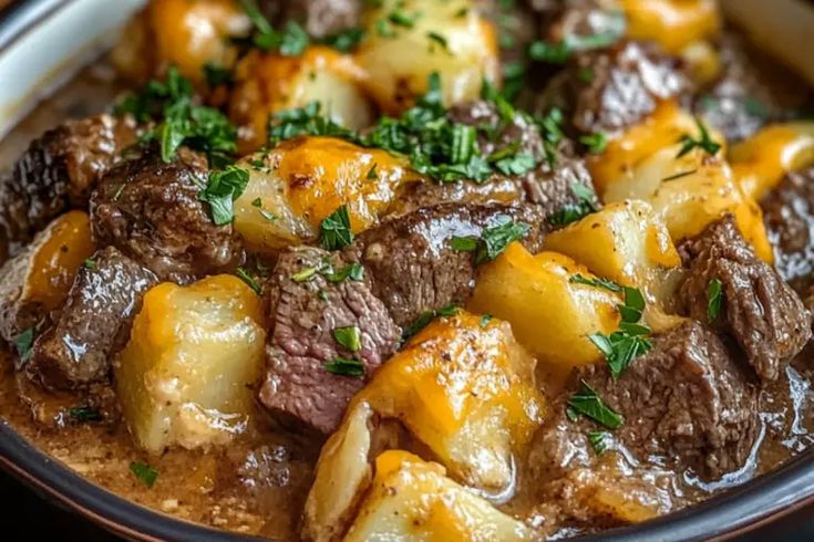 Crockpot Loaded Steak and Potato Bake