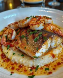 Red Snapper, Shrimp & Grits with a Cajun Cream Sauce 